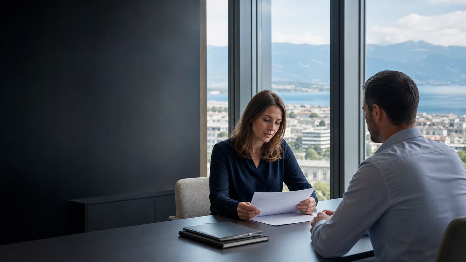 Responsable conformité examinant un parcours de contact dans un bureau suisse