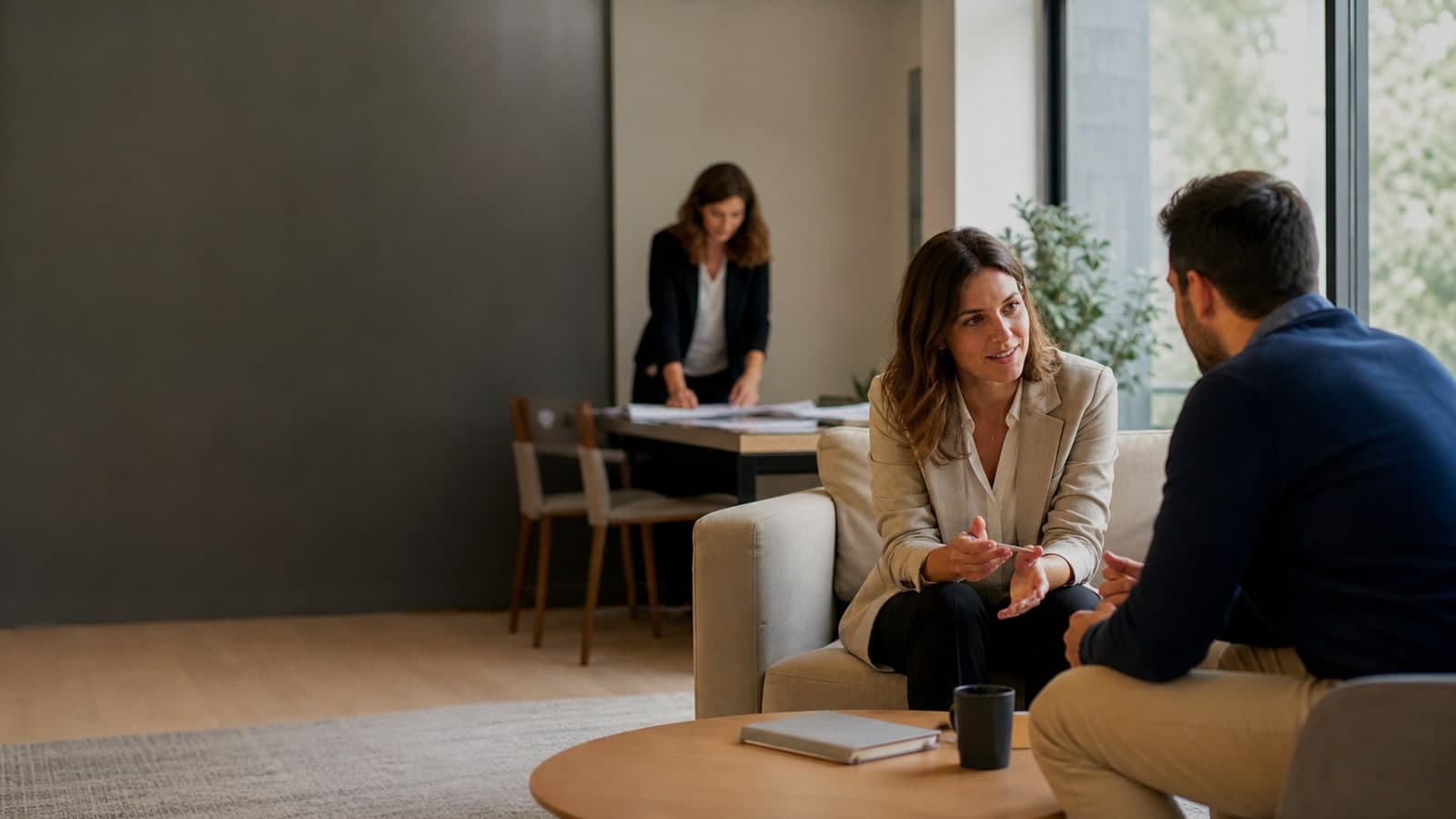 Conseillère accompagnant une demande client dans un espace de travail lumineux